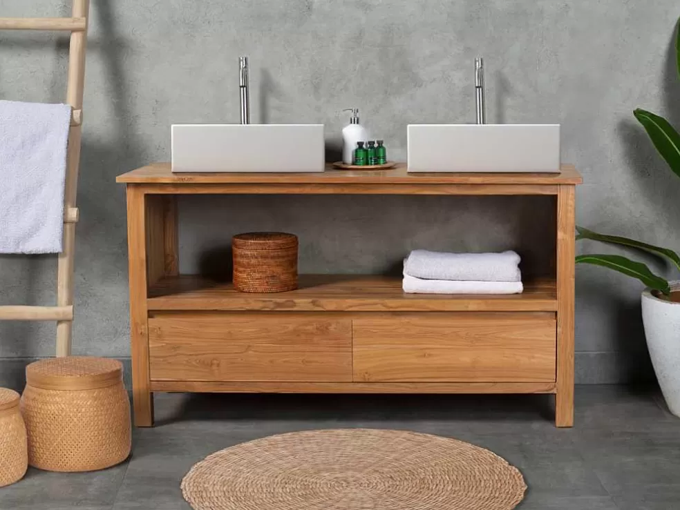 Vente-unique Móvel De Casa De Banho Em Teca Com Lavatório Duplo De 135 Cm - Ketapang* Móvel Lavatório Duplo