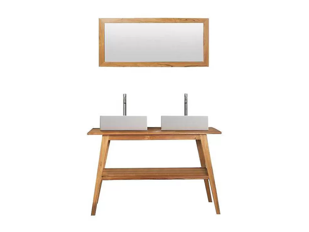Vente-unique Móvel De Casa De Banho Em Teca Com Lavatório Duplo E Espelho De 120 Cm - Bobotsari* Móvel Lavatório Duplo