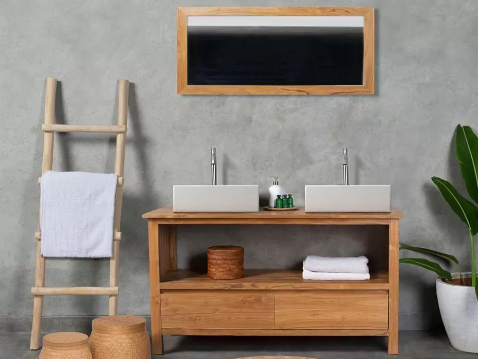 Vente-unique Móvel De Casa De Banho Em Teca Com Lavatório Duplo E Espelho De 135 Cm - Ketapang* Móvel Lavatório Duplo