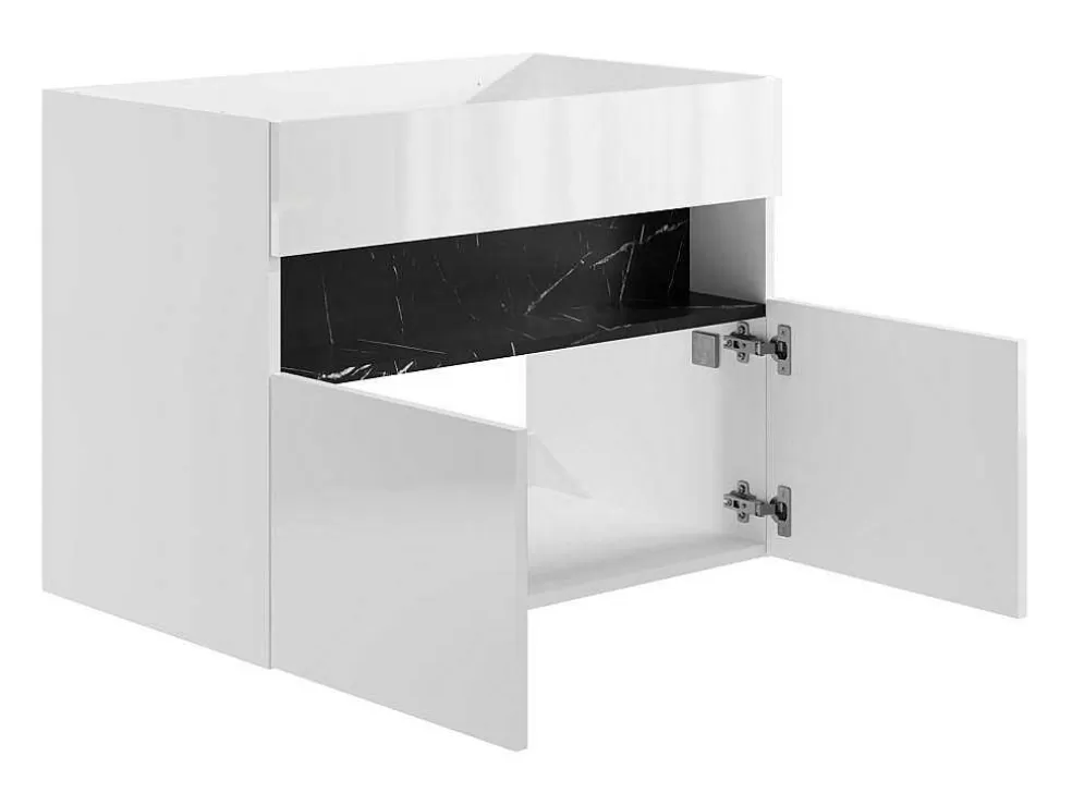Vente-unique Móvel De Casa De Banho Para Colocar Sob O Lavatório Com Leds, Branco E Preto Efeito Marmore C80 Cm - Pozega* Móvel Para Lavatório