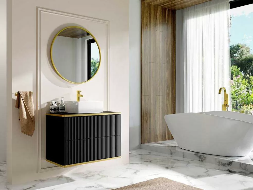 Vente-unique Móvel De Casa De Banho Para Colocar Sob O Lavatório Estriado Rebordo Dourado, Cor Preta C80 Cm - Keliza* Promoções Casa De Banho & Bem-Estar