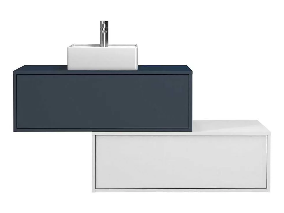 Vente-unique Móvel De Casa De Banho Suspenso Azul-Escuro E Branco Lavatório Individual E Duas Gavetas - Teana Ii* Móvel Lavatório Individual