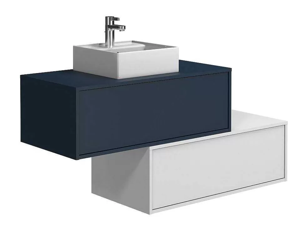Vente-unique Móvel De Casa De Banho Suspenso Azul-Escuro E Branco Lavatório Individual E Duas Gavetas - Teana Ii* Móvel Lavatório Individual