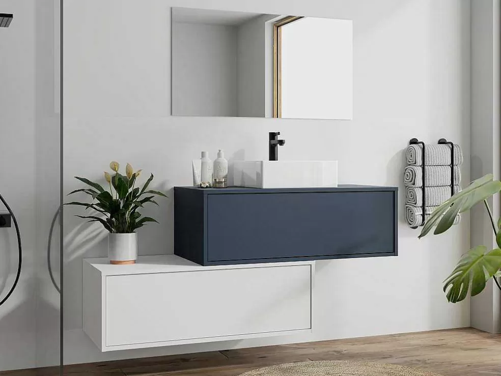 Vente-unique Móvel De Casa De Banho Suspenso Azul-Escuro E Branco Lavatório Individual E Duas Gavetas - Teana Ii* Móvel Lavatório Individual