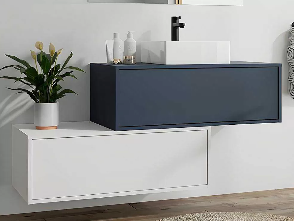 Vente-unique Móvel De Casa De Banho Suspenso Azul-Escuro E Branco Lavatório Individual E Duas Gavetas - Teana Ii* Móvel Lavatório Individual