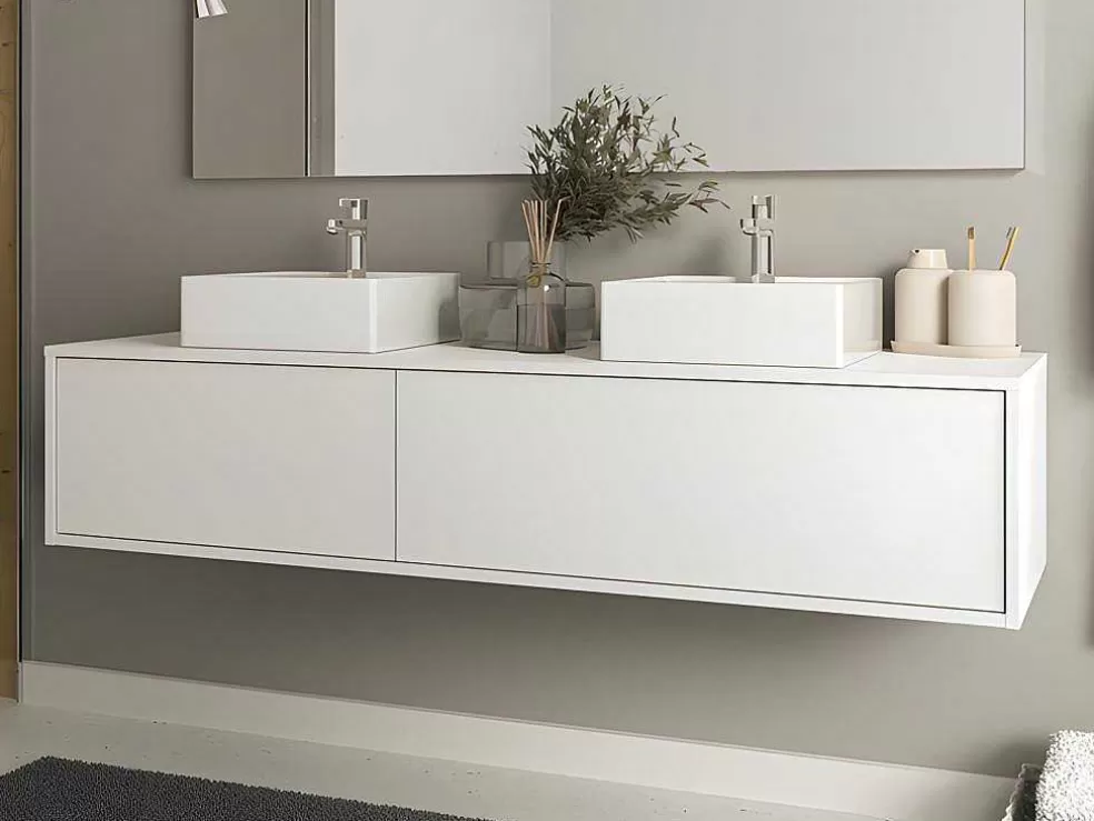 Vente-unique Móvel De Casa De Banho Suspenso Branco Com Lavatório Duplo C150 Cm - Isaure Ii* Móvel Lavatório Duplo