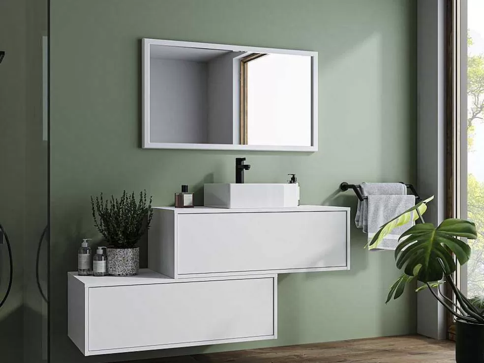 Vente-unique Móvel De Casa De Banho Suspenso Branco Com Lavatório Individual E Duas Gavetas 94 Cm - Teana Ii* Móvel Lavatório Individual