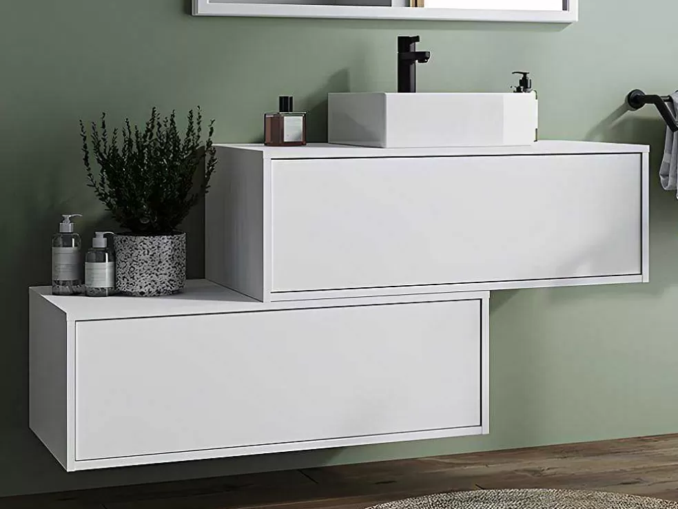 Vente-unique Móvel De Casa De Banho Suspenso Branco Com Lavatório Individual E Duas Gavetas 94 Cm - Teana Ii* Móvel Lavatório Individual