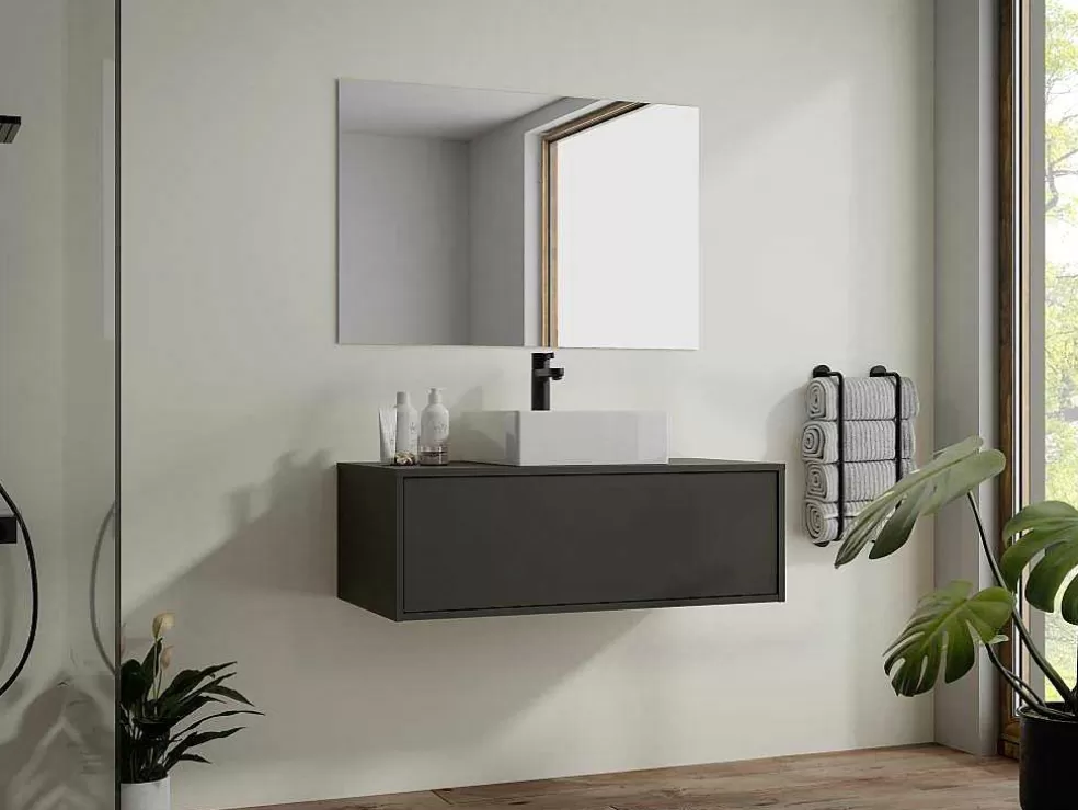 Vente-unique Móvel De Casa De Banho Suspenso Cinza Antracite Com Lavatório Individual 94 Cm - Teana Ii* Móvel Lavatório Individual