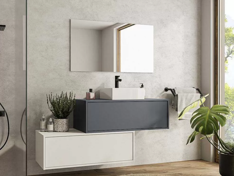 Vente-unique Móvel De Casa De Banho Suspenso Cinza Antracite E Branco Com Lavatório Individual E Duas Gavetas 94 Cm - Teana Ii* Móvel Lavatório Individual