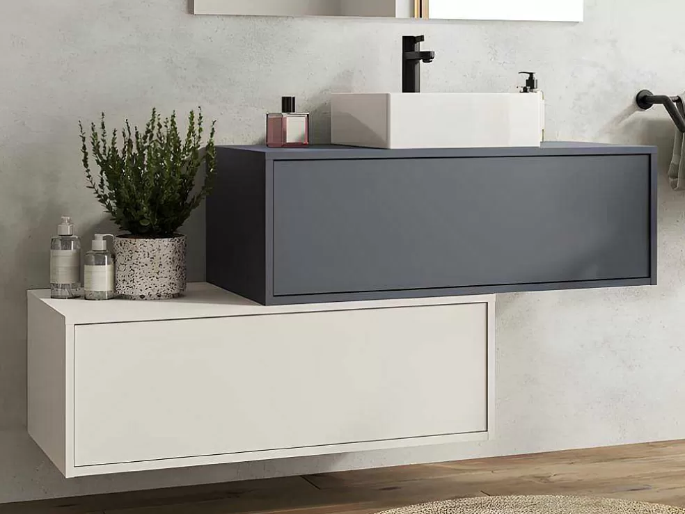 Vente-unique Móvel De Casa De Banho Suspenso Cinza Antracite E Branco Com Lavatório Individual E Duas Gavetas 94 Cm - Teana Ii* Móvel Lavatório Individual