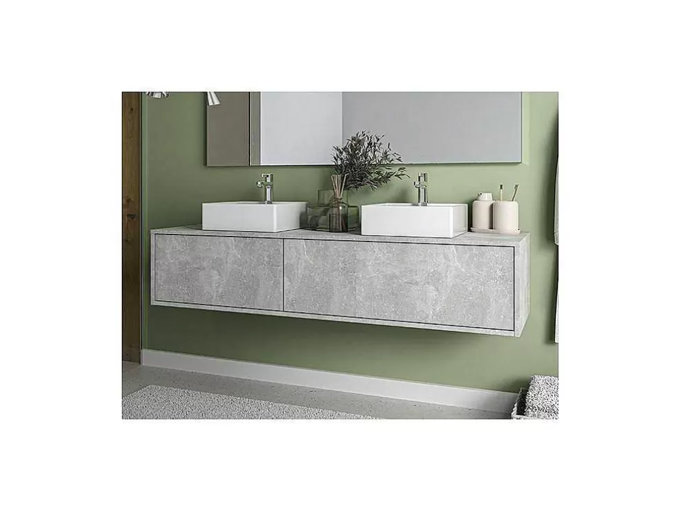 Vente-unique Móvel De Casa De Banho Suspenso Cinza Cimento Com Lavatório Duplo C150 Cm - Isaure Ii* Móvel Lavatório Duplo