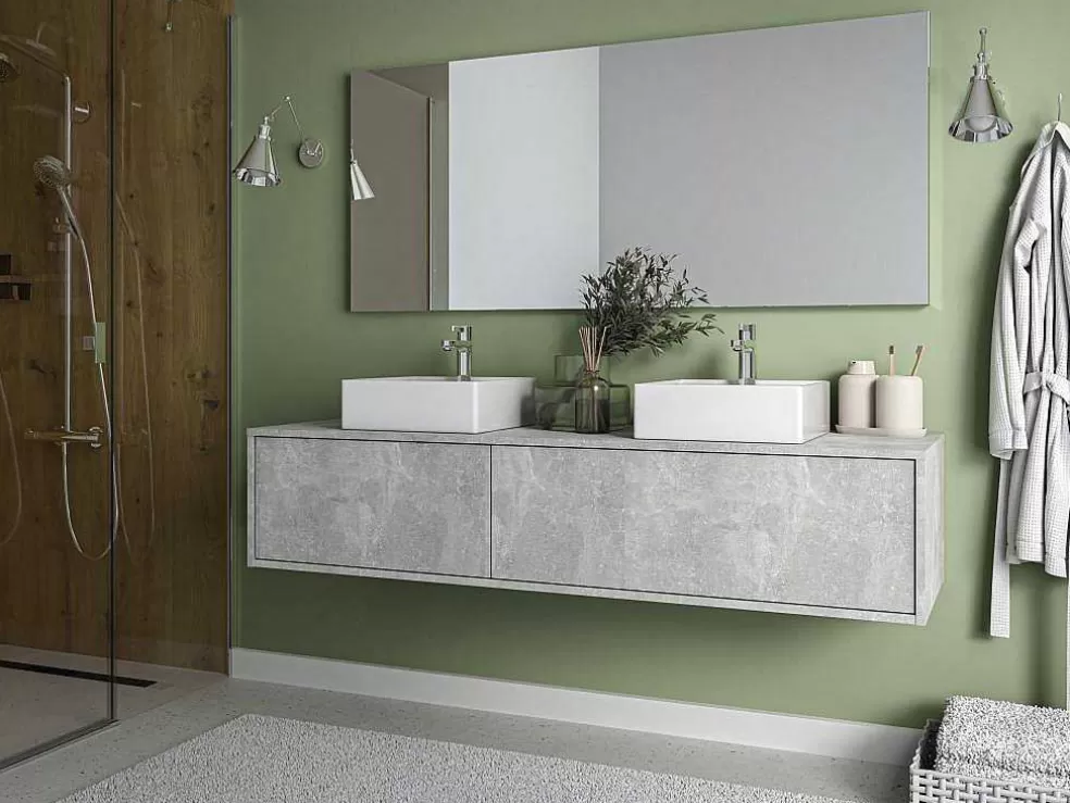Vente-unique Móvel De Casa De Banho Suspenso Cinza Cimento Com Lavatório Duplo C150 Cm - Isaure Ii* Móvel Lavatório Duplo