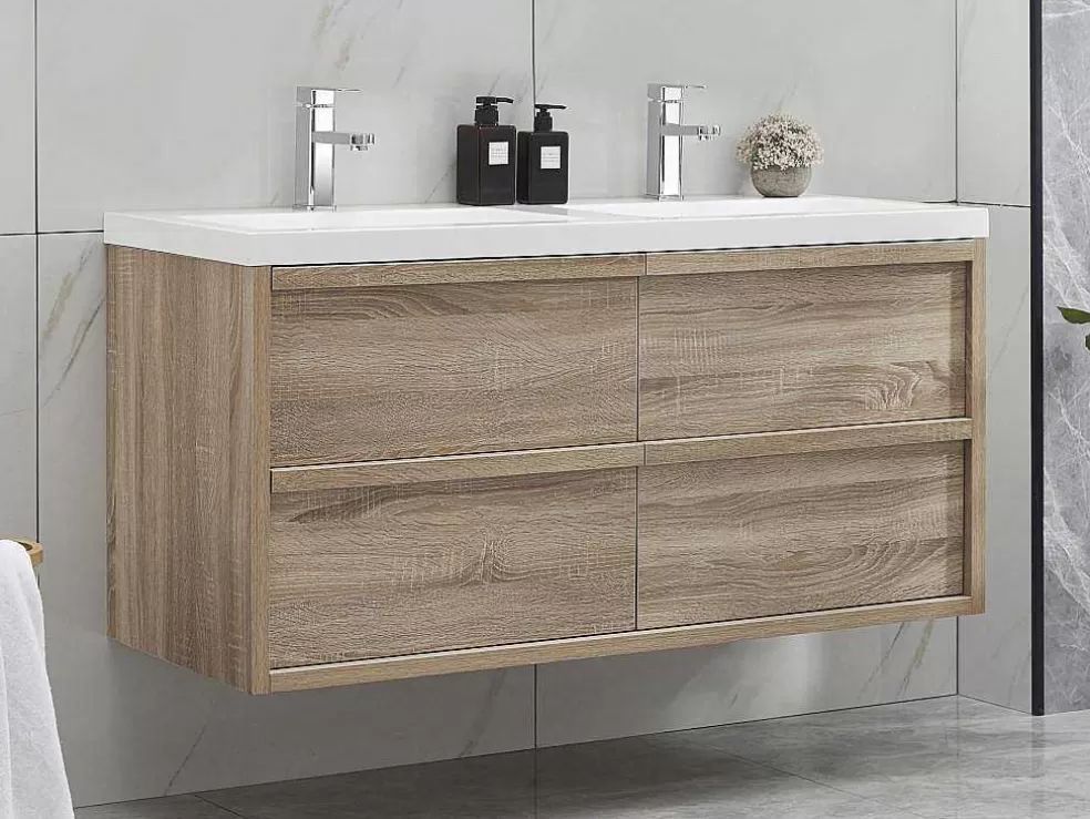 Vente-unique Móvel De Casa De Banho Suspenso Com Lavatório De Encastrar Cor Natural Clara 120 Cm - Quadra* Móvel Lavatório Duplo
