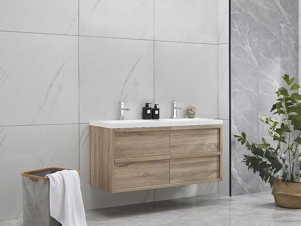 Vente-unique Móvel De Casa De Banho Suspenso Com Lavatório De Encastrar Cor Natural Clara 120 Cm - Quadra* Móvel Lavatório Duplo