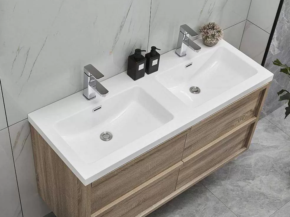 Vente-unique Móvel De Casa De Banho Suspenso Com Lavatório De Encastrar Cor Natural Clara 120 Cm - Quadra* Móvel Lavatório Duplo