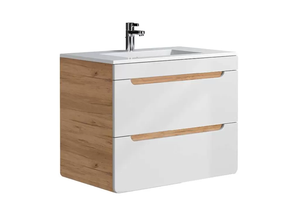 Vente-unique Móvel De Casa De Banho Suspenso Com Lavatório De Encastrar Cor Natural E Branca 80 Cm - Aruba* Móvel Lavatório Individual