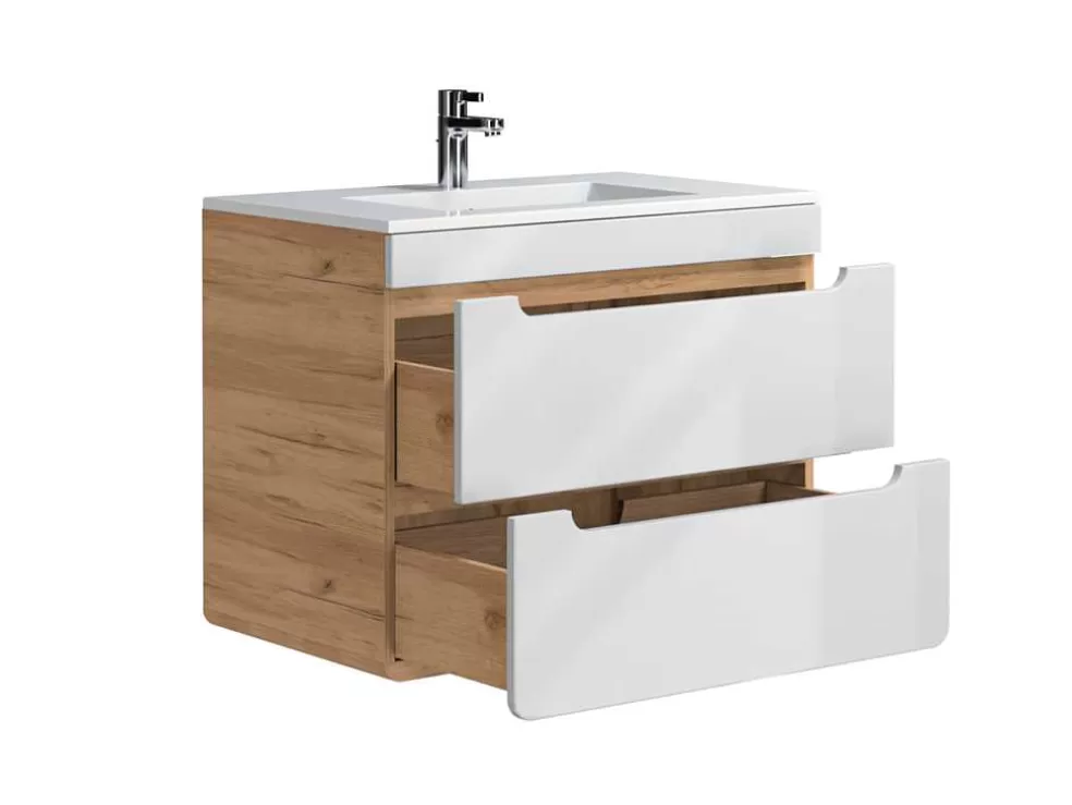 Vente-unique Móvel De Casa De Banho Suspenso Com Lavatório De Encastrar Cor Natural E Branca 80 Cm - Aruba* Móvel Lavatório Individual