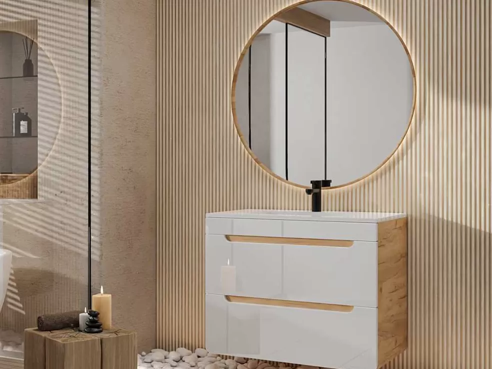 Vente-unique Móvel De Casa De Banho Suspenso Com Lavatório De Encastrar Cor Natural E Branca 80 Cm - Aruba* Móvel Lavatório Individual