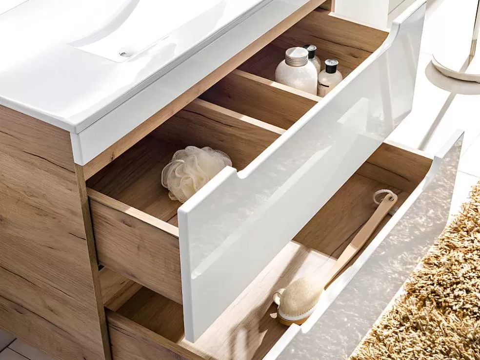 Vente-unique Móvel De Casa De Banho Suspenso Com Lavatório De Encastrar Cor Natural E Branca 80 Cm - Aruba* Móvel Lavatório Individual