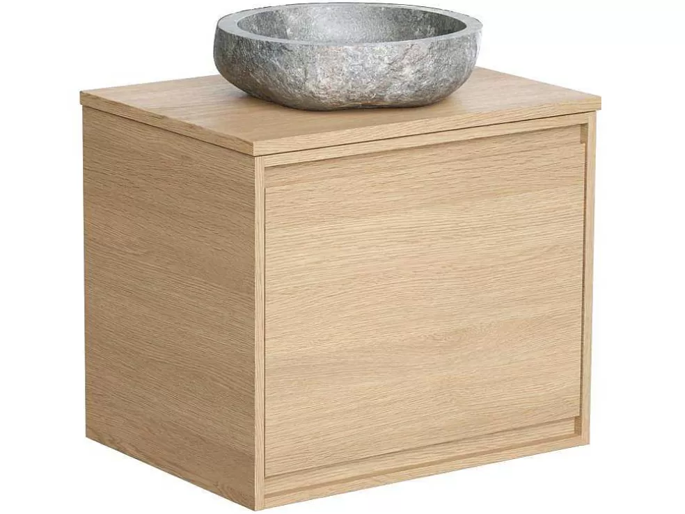 Vente-unique Móvel De Casa De Banho Suspenso Com Lavatório De Pedra, Folha De Carvalho, 60 Cm - Mesliva* Móvel Lavatório Individual