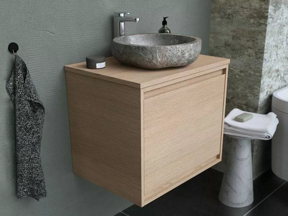Vente-unique Móvel De Casa De Banho Suspenso Com Lavatório De Pedra, Folha De Carvalho, 60 Cm - Mesliva* Móvel Lavatório Individual