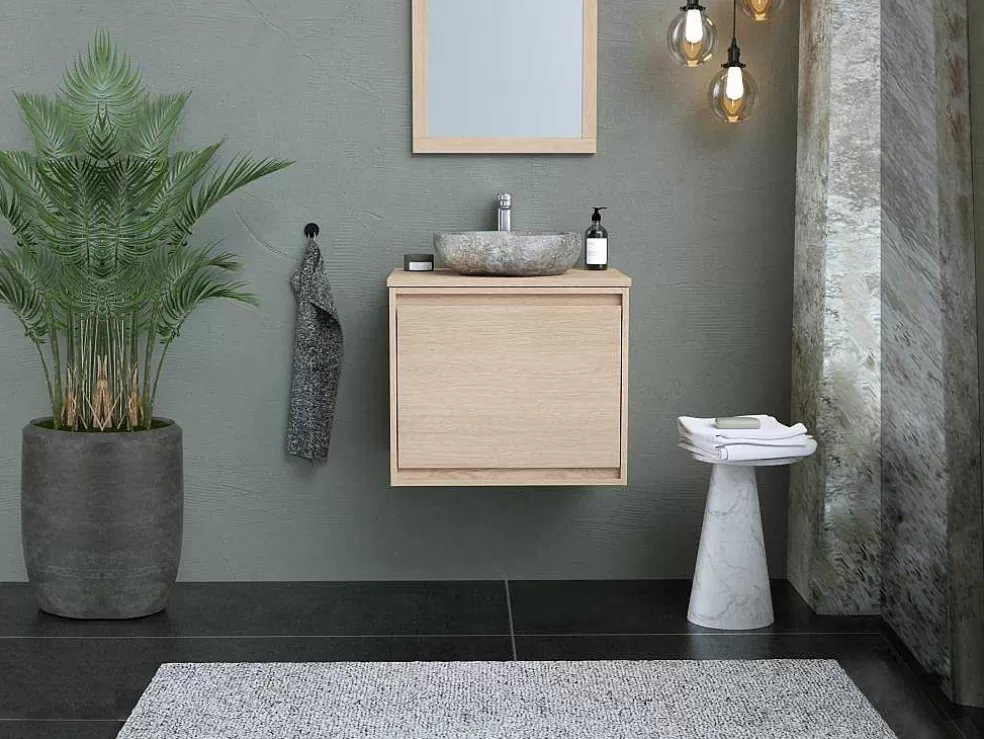 Vente-unique Móvel De Casa De Banho Suspenso Com Lavatório De Pedra, Folha De Carvalho, 60 Cm - Mesliva* Móvel Lavatório Individual