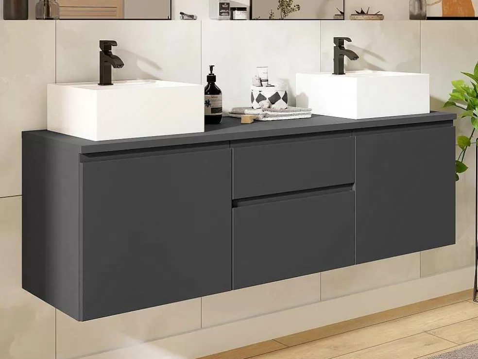 Vente-unique Móvel De Casa De Banho Suspenso Com Lavatório Duplo Cinza 150 Cm - Jimena Ii* Móvel Lavatório Duplo