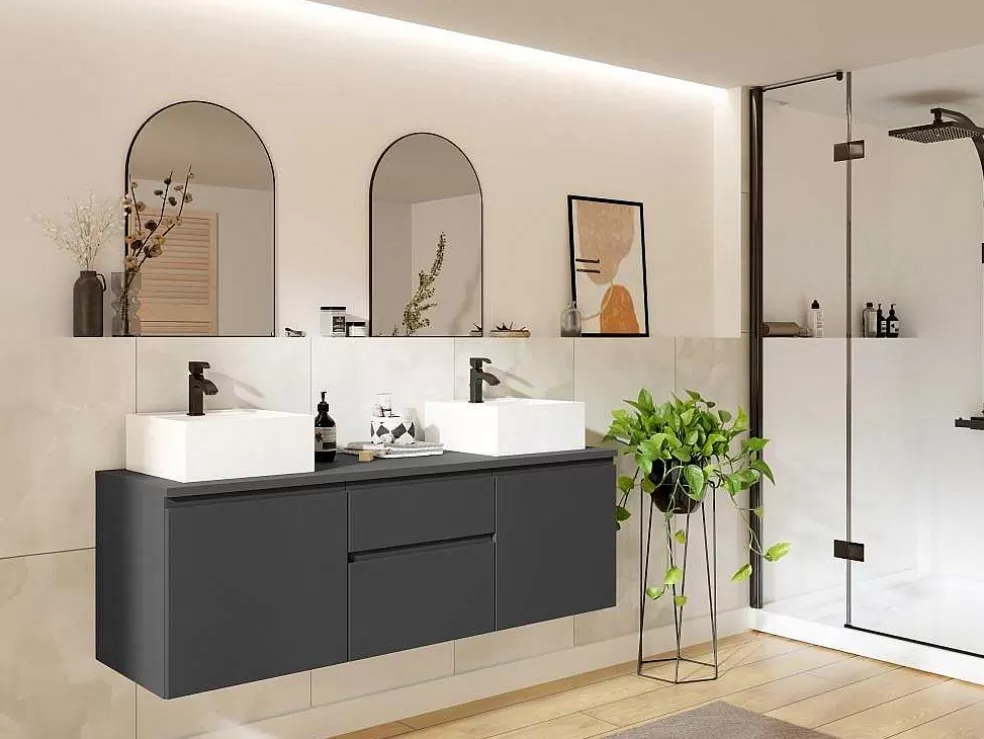 Vente-unique Móvel De Casa De Banho Suspenso Com Lavatório Duplo Cinza 150 Cm - Jimena Ii* Móvel Lavatório Duplo