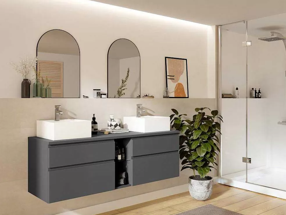 Vente-unique Móvel De Casa De Banho Suspenso Com Lavatório Duplo Cinza 150 Cm - Magdalena Ii* Móvel Lavatório Duplo