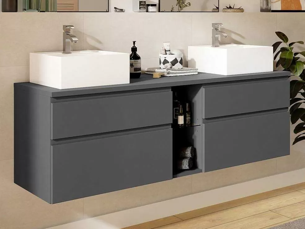 Vente-unique Móvel De Casa De Banho Suspenso Com Lavatório Duplo Cinza 150 Cm - Magdalena Ii* Móvel Lavatório Duplo