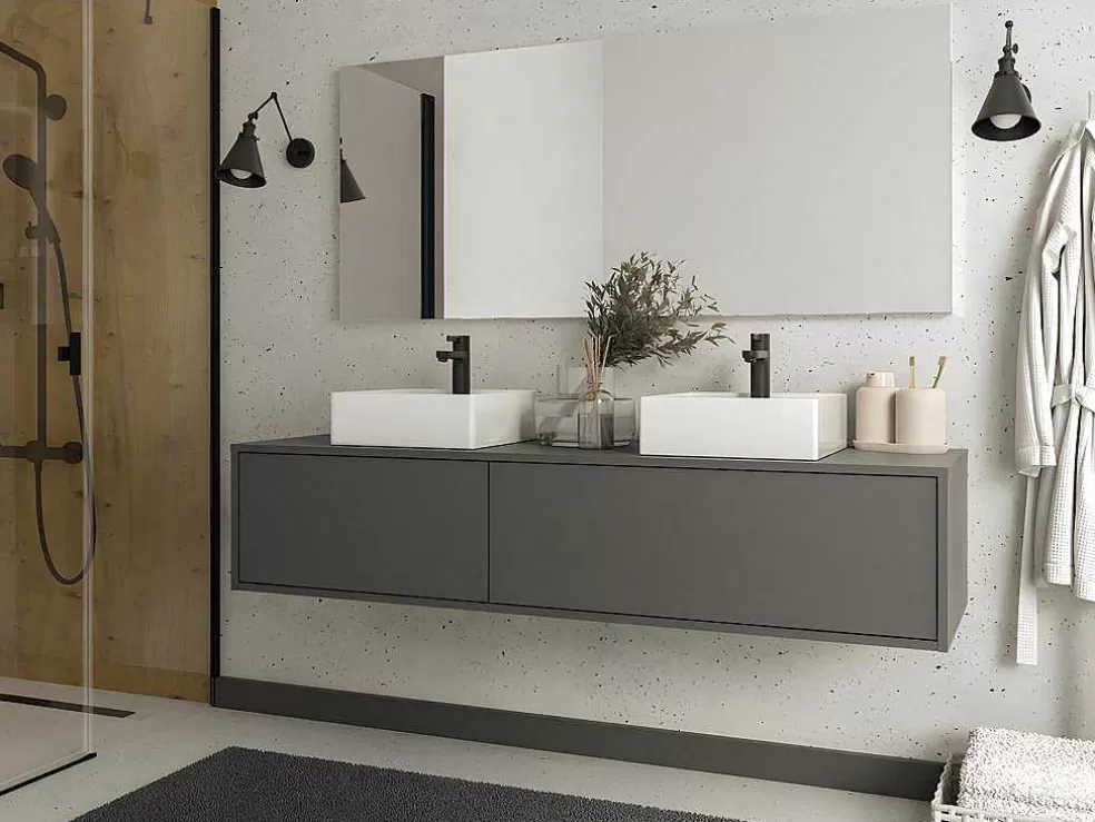 Vente-unique Móvel De Casa De Banho Suspenso Com Lavatório Duplo Cor Cinza Antracite C150 Cm - Isaure Ii* Móvel Lavatório Duplo