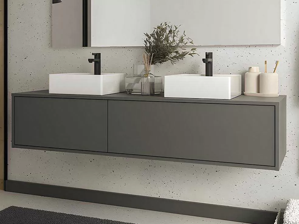 Vente-unique Móvel De Casa De Banho Suspenso Com Lavatório Duplo Cor Cinza Antracite C150 Cm - Isaure Ii* Móvel Lavatório Duplo