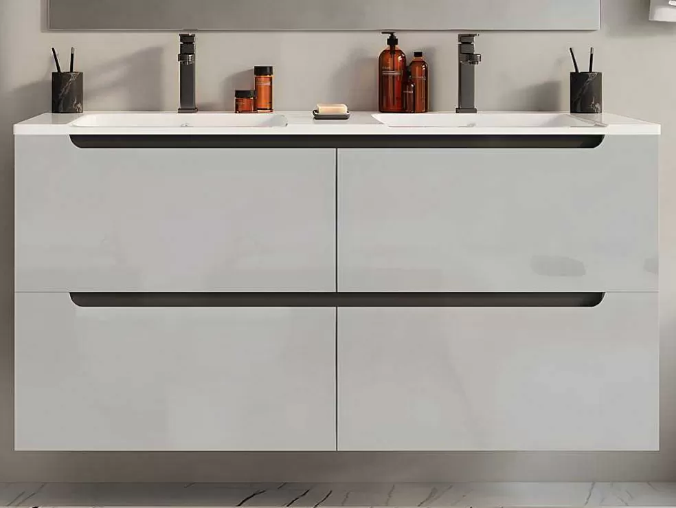 Vente-unique Móvel De Casa De Banho Suspenso Com Lavatório Duplo De Encastrar Branco 120 Cm - Selita* Móvel Lavatório Duplo