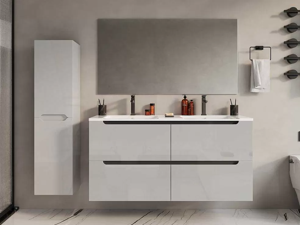 Vente-unique Móvel De Casa De Banho Suspenso Com Lavatório Duplo De Encastrar E Coluna Branco 120 Cm - Selita* Móvel Lavatório Duplo