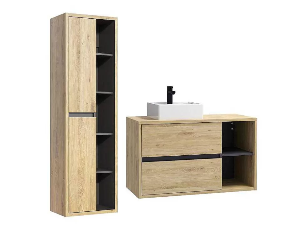 Vente-unique Móvel De Casa De Banho Suspenso Com Lavatório E Coluna 100 Cm Cor Natural - Purnal* Móvel Lavatório Individual
