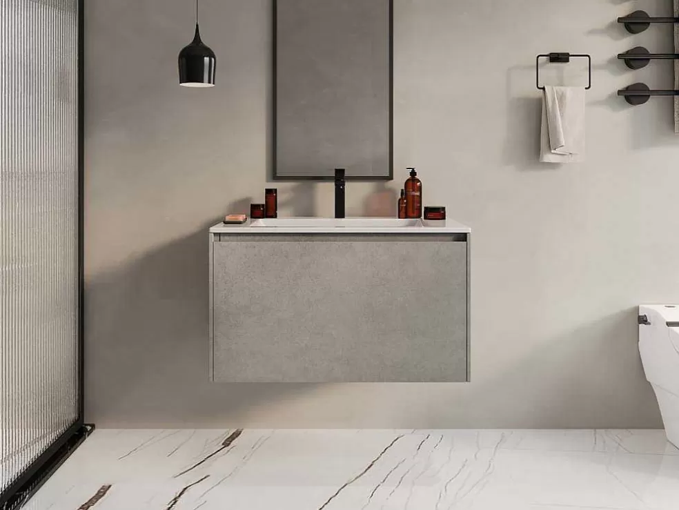 Vente-unique Móvel De Casa De Banho Suspenso Com Lavatório Embutido Cinza Cimento, 80 Cm - Sosthene* Móvel Lavatório Individual