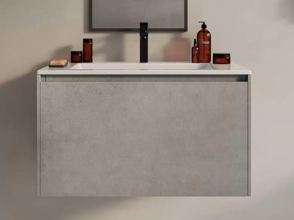 Vente-unique Móvel De Casa De Banho Suspenso Com Lavatório Embutido Cinza Cimento, 80 Cm - Sosthene* Móvel Lavatório Individual