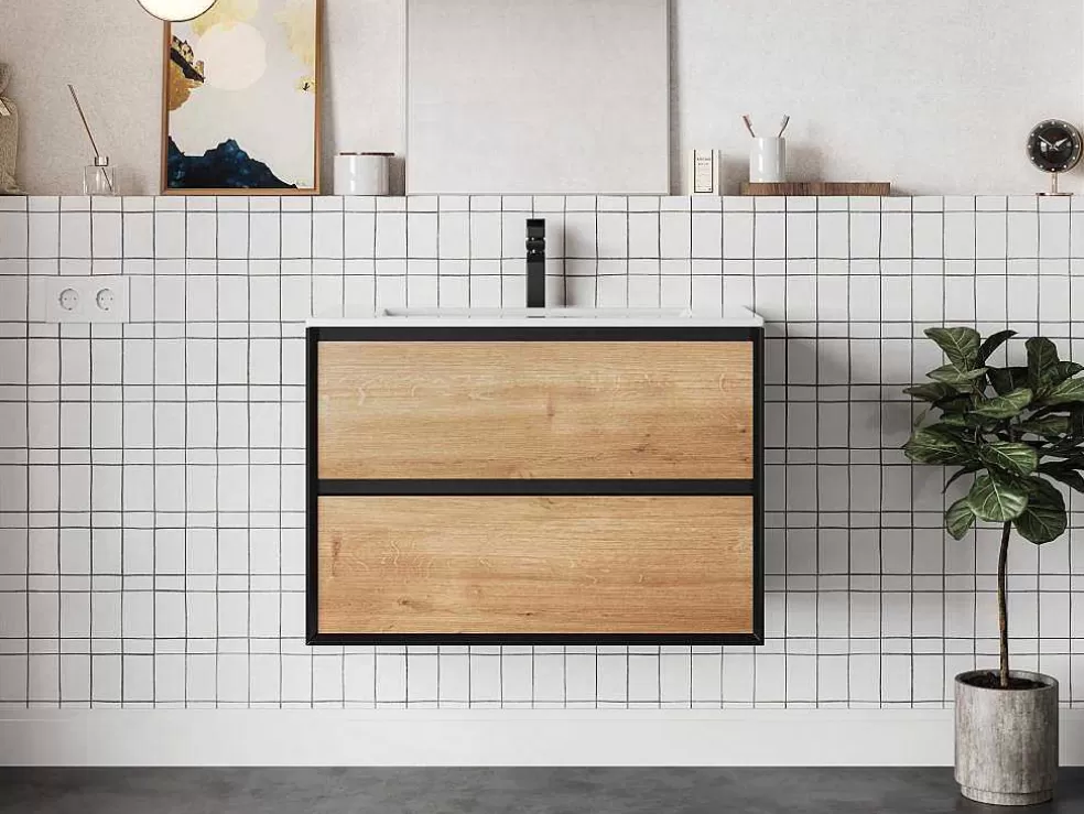 Vente-unique Móvel De Casa De Banho Suspenso Com Lavatório Embutido Cor Clara E Preto 80 Cm - Lannick* Móvel Lavatório Individual
