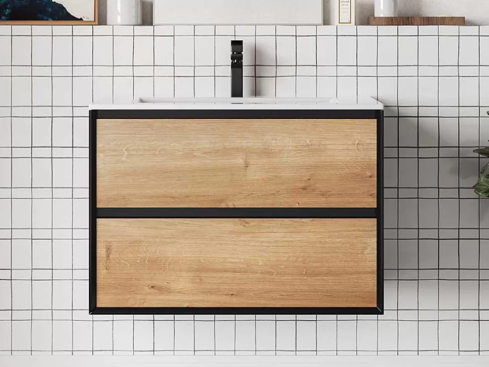 Vente-unique Móvel De Casa De Banho Suspenso Com Lavatório Embutido Cor Clara E Preto 80 Cm - Lannick* Móvel Lavatório Individual