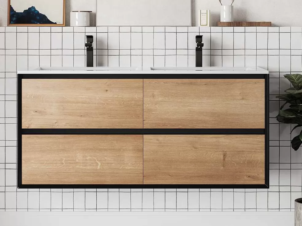 Vente-unique Móvel De Casa De Banho Suspenso Com Lavatório Embutido Cor Natural Clara E Preto 120 Cm - Lannick* Móvel Lavatório Duplo