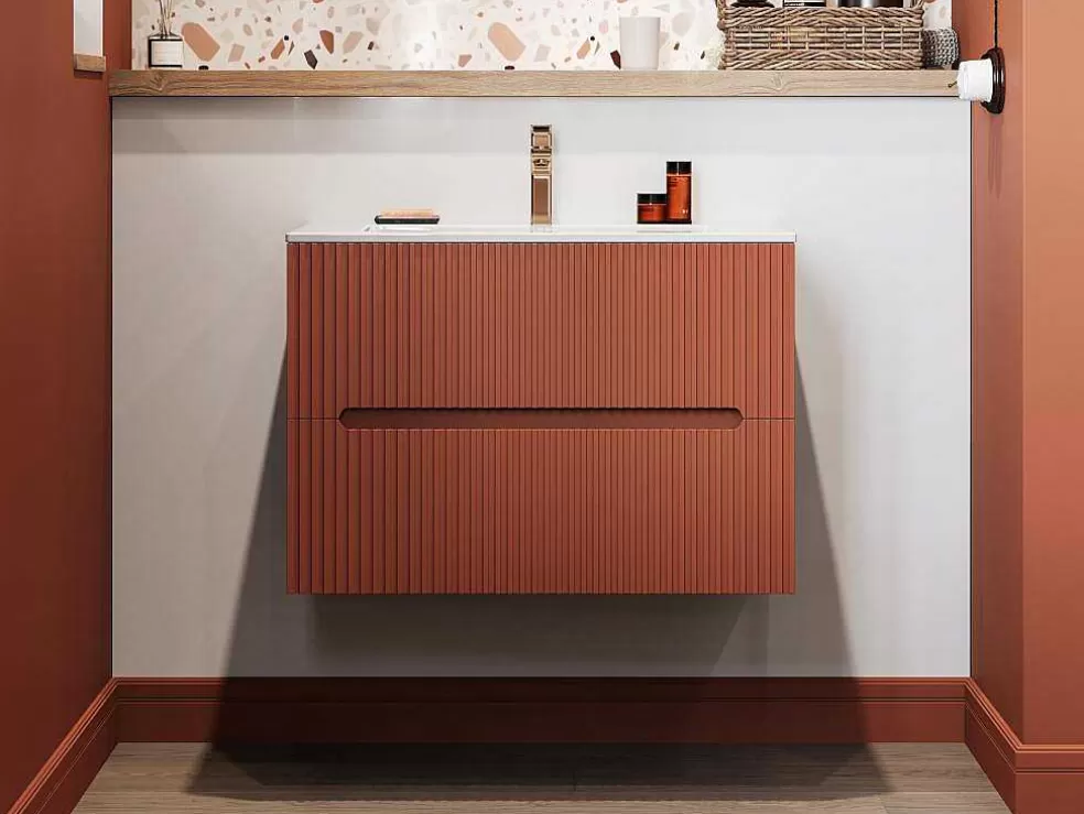 Vente-unique Móvel De Casa De Banho Suspenso Com Lavatório Embutido Terracota Listrada 80 Cm - Pavani* Móvel Lavatório Individual
