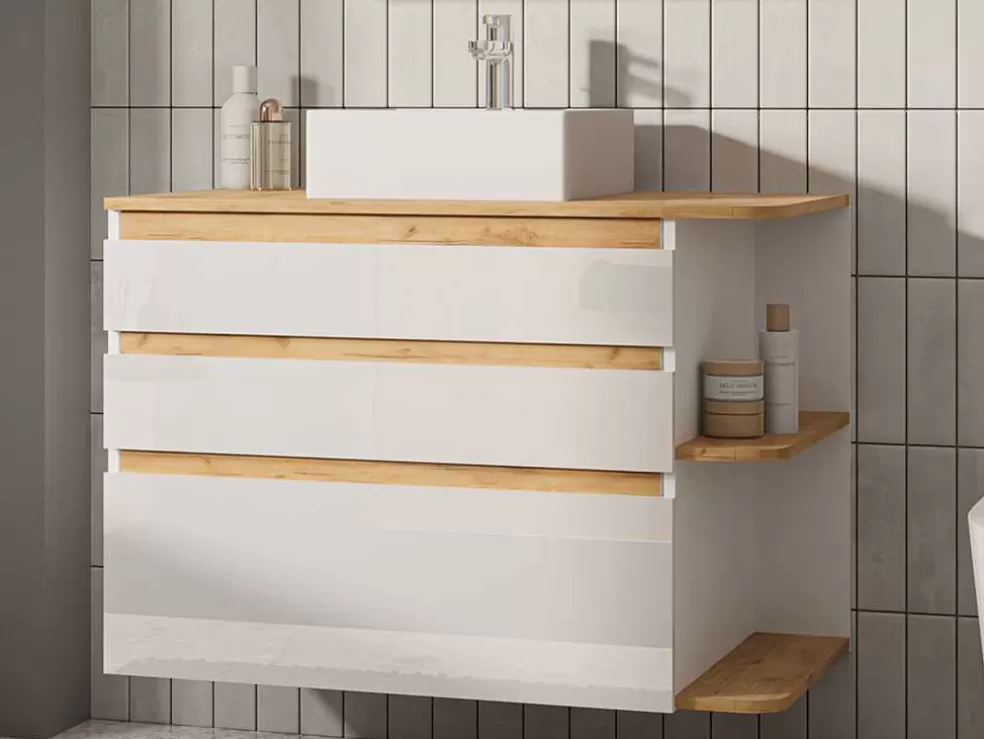Vente-unique Móvel De Casa De Banho Suspenso Com Lavatório Individual Cor Natural Clara E Branca Com 94 Cm - Anida* Móvel Lavatório Individual