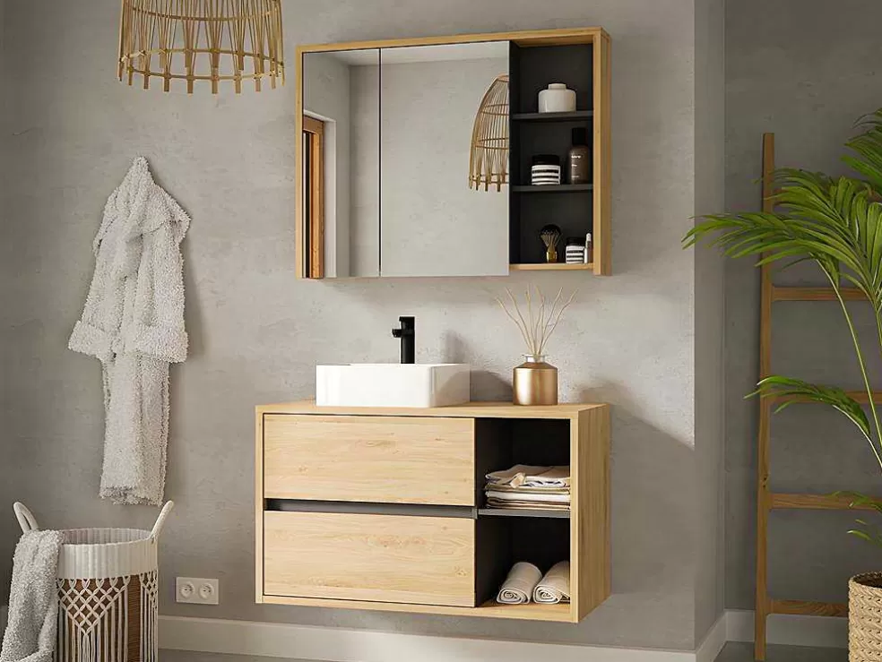 Vente-unique Móvel De Casa De Banho Suspenso Com Lavatório Simples E Armário De Casa De Banho Cor Natural De 100 Cm - Purnal* Móvel Lavatório Individual