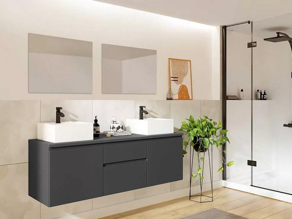 Vente-unique Móvel De Casa De Banho Suspenso Com Lavatórios Duplos E Espelhos - Cinza - 150 Cm - Jimena Ii* Móvel Lavatório Duplo