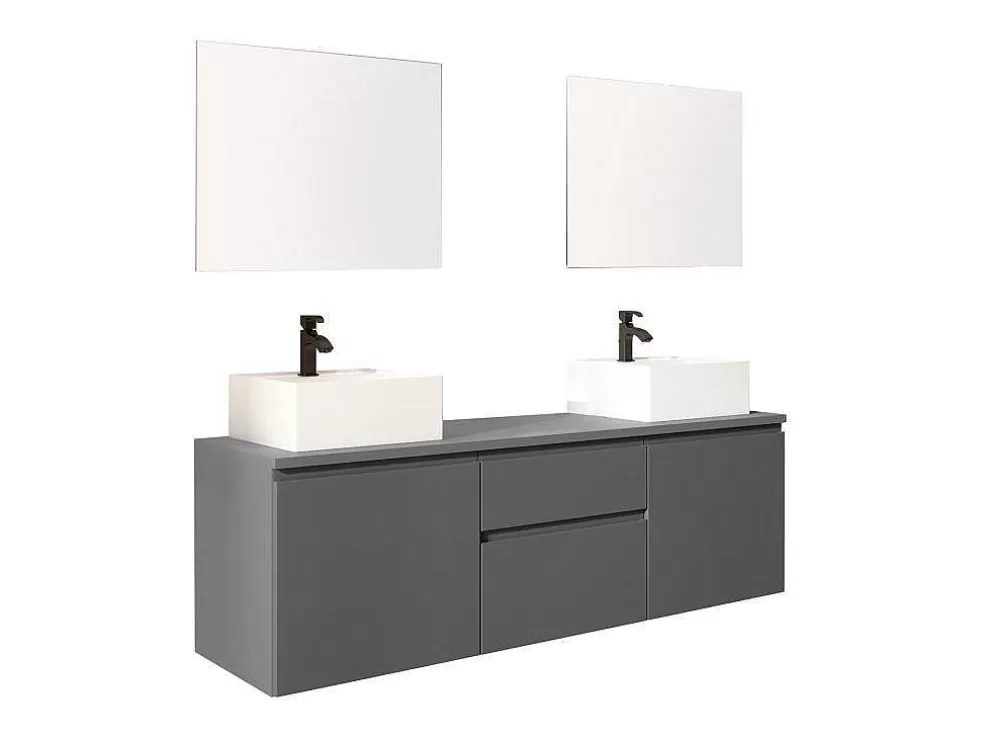 Vente-unique Móvel De Casa De Banho Suspenso Com Lavatórios Duplos E Espelhos - Cinza - 150 Cm - Jimena Ii* Móvel Lavatório Duplo