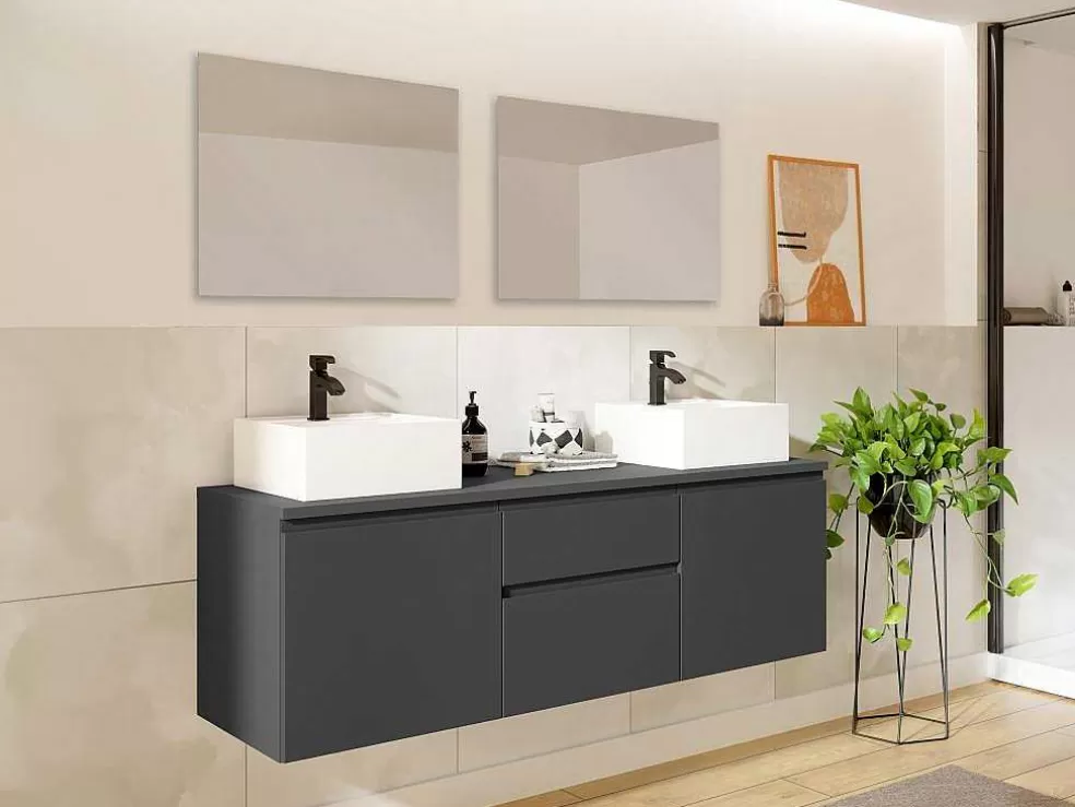 Vente-unique Móvel De Casa De Banho Suspenso Com Lavatórios Duplos E Espelhos - Cinza - 150 Cm - Jimena Ii* Móvel Lavatório Duplo