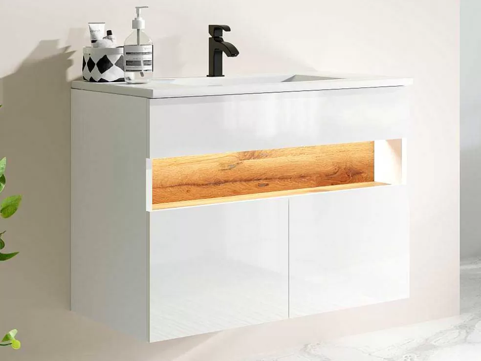 Vente-unique Móvel De Casa De Banho Suspenso Com Leds E Lavatório De Encastrar, Branco E Natural Escuro C80 Cm - Pozega* Móvel Lavatório Individual