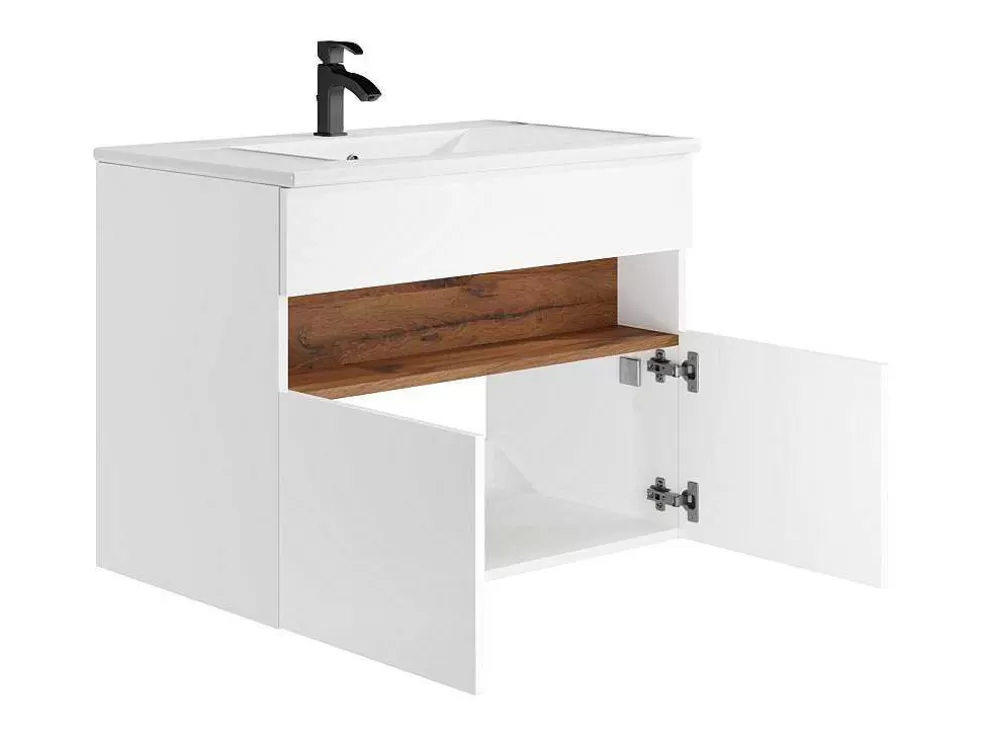 Vente-unique Móvel De Casa De Banho Suspenso Com Leds E Lavatório De Encastrar, Branco E Natural Escuro C80 Cm - Pozega* Móvel Lavatório Individual