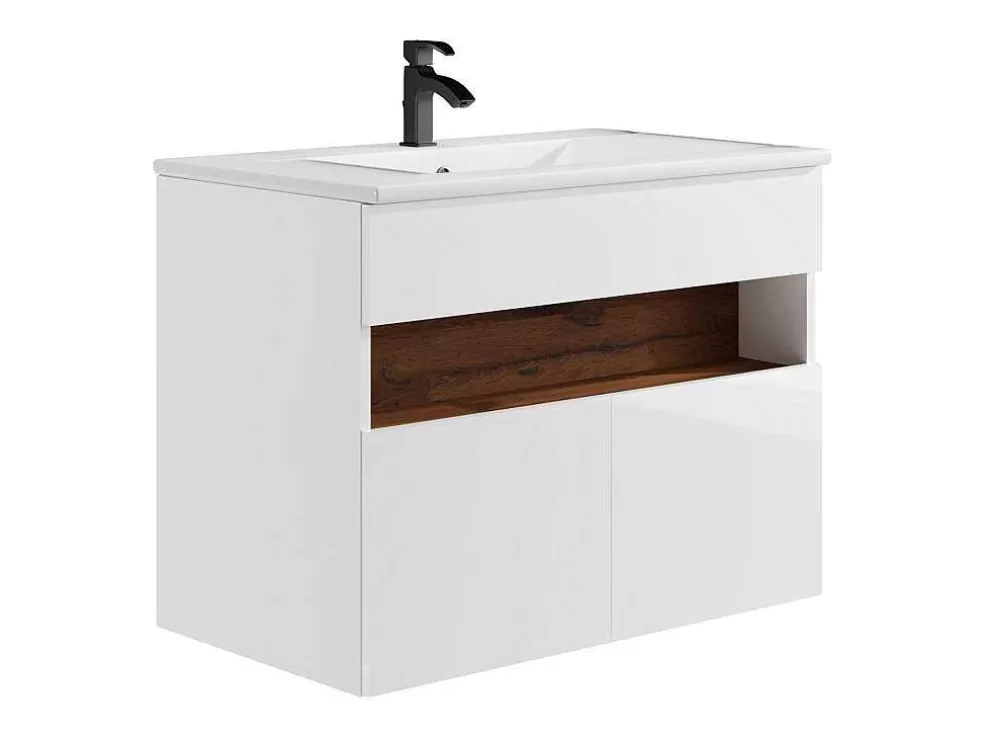 Vente-unique Móvel De Casa De Banho Suspenso Com Leds E Lavatório De Encastrar, Branco E Natural Escuro C80 Cm - Pozega* Móvel Lavatório Individual
